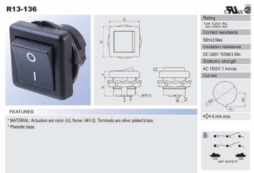 Taustiņslēdzis DPDT, ON-ON, 6A/250VAC, lodēšanai, M18, Ø18.2mm, 23x23x19mm, SCI, ar fiksaciju