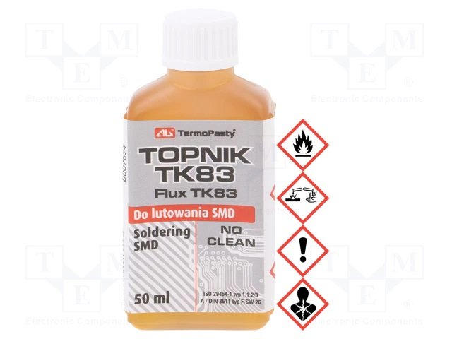 Fluss "TK83", 50mL, šķidrums, kolofonis, mazgajas ar spirtu, No clean, izšķidina poliutēranu laku, ar birstiņu