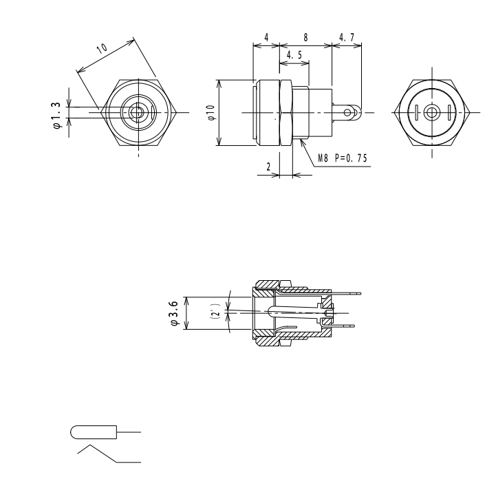 1.3*3.4mm, ligzda, skruvējamā (dia. 8mm), plastmasas, vadam, 0.5A/12VDC, LUMBERG