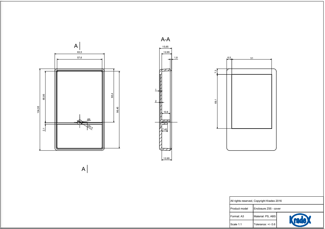 Plastmasas korpuss, 63x104x29mm, ABS, ar vāku, ar bateriju nodalījumu, pelekā krasa