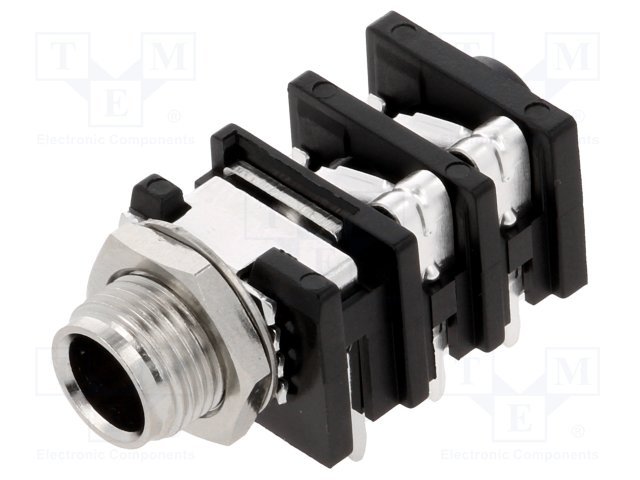 6.35mm ligzda, stereo, plastmasas, THT, skrūvejamas šasijai M9, metāla uzgrieznis, 2 x on/off, AMPHENOL