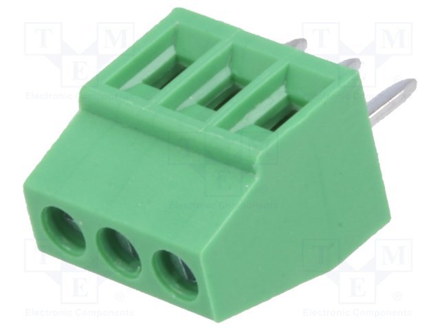 Terminal blocks PCB, 3pin, 2.54mm, 1.0mm2, 130V/8A, 7.5x6.27x8.5mm, leņķisks 90°