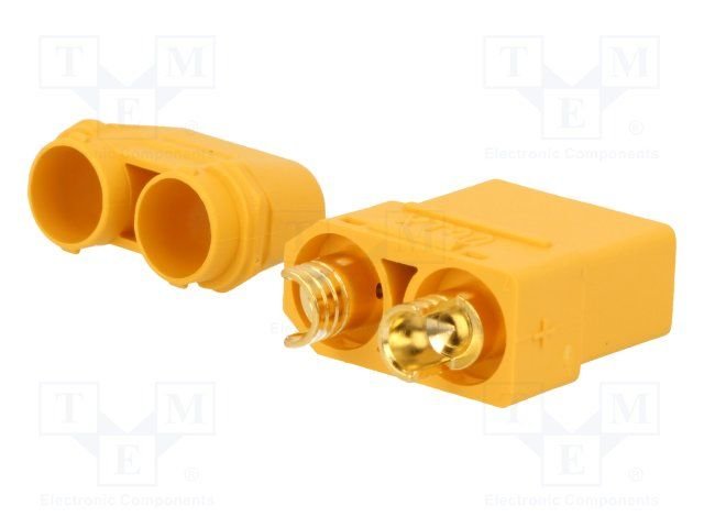 2Pin, XT90, "mama", 500V, 40A, 10AWG, lodejama vadam, dzeltens korpuss