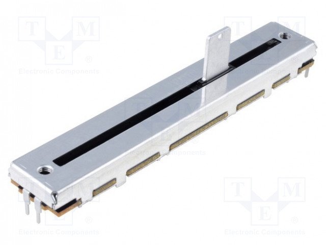 10k stereo slīdbinžu potenciometrs,  LOGARITMISKA atkarība, STEREO, metalisks, 200mW, 88x16x8mm