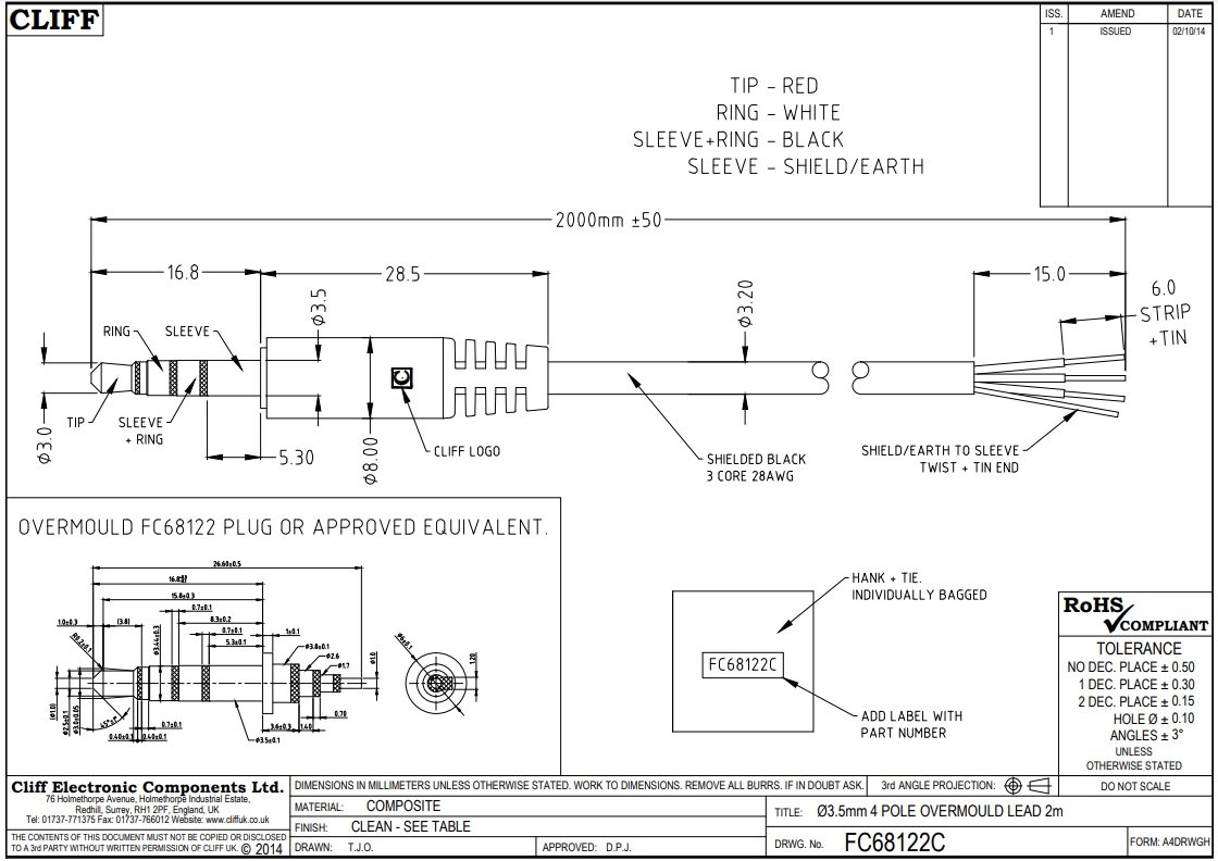 3.5mm (4 kont.) štekers, stereo+video, plastmasas, L=16.8mm, ar vadu 2m, CLIFF