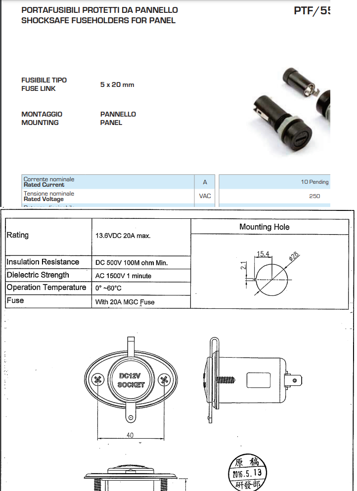Auto ligzda piepīpētājam šasijai ieskrūvējama, 6.3mm, max.13.6VDC/20A