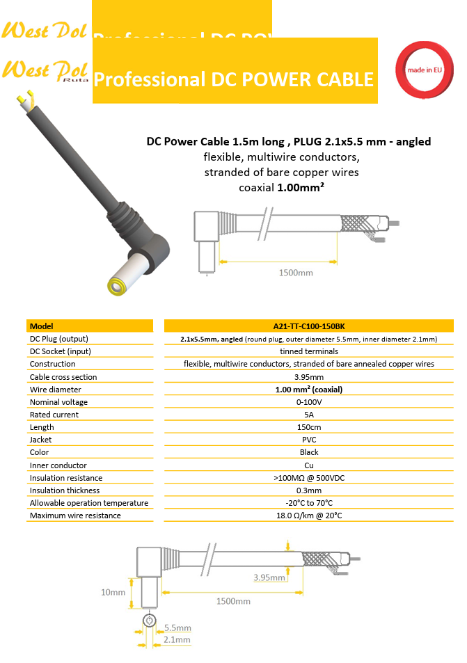 5.5*2.1mm, L=10mm, leņķisks štekers, 100V/5A, 1mm2, ar vadu 1.5m