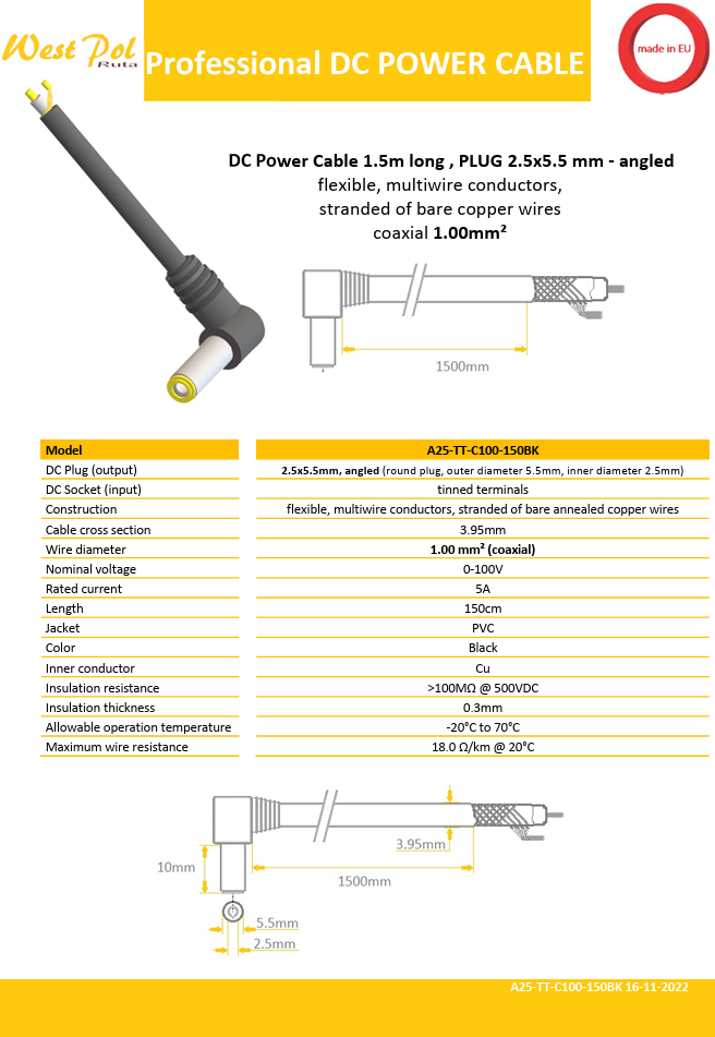 5.5*2.5mm, L=10mm, leņķisks štekers, 100V/5A, 1mm2, ar vadu 1.5m