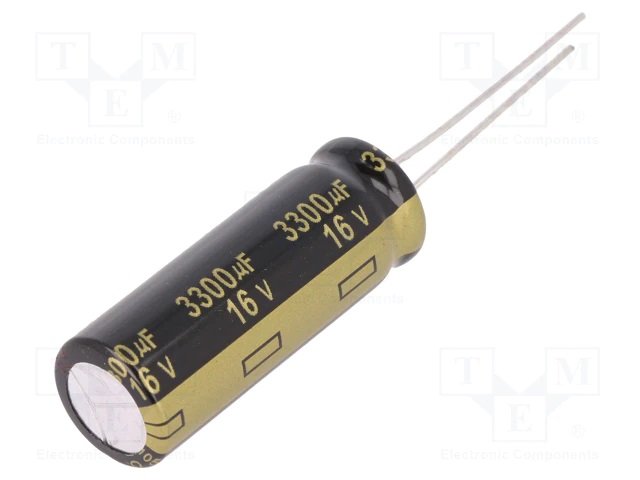 3300/16V, 105C, Ø12.5x35mm, ±20%, Kondensatori zemas induktivitātes, PANASONIC, 22mR, 5000h, ar lokaniem izvadiem