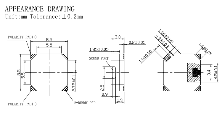 Zummers, 2.5...4.5VDC, 85db, 2730Hz, SMD, 8.5x8.5x3.2mm, 16R, bez ģeneratora