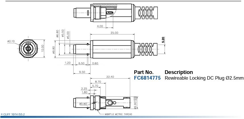 5.5x2.5mm, L=9.5mm, štekers, lodējams, uz vadu, ar amortizatoriu, taisns, ar atsperu iekšēju kontaktu, 2A/16VDC, CLIFF