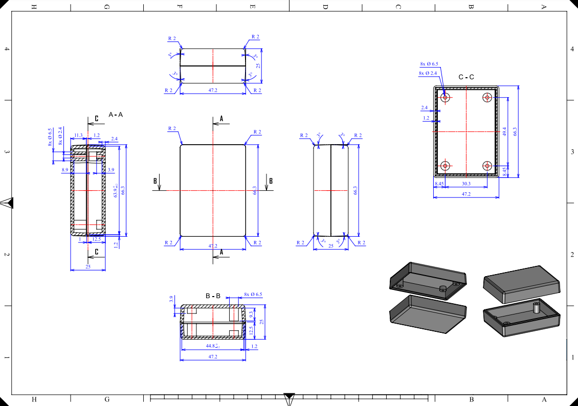 Plastmasas korpuss, 47x66x25mm, polistirens, pelēkā krasa