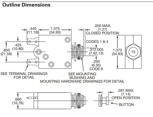 Maksimālās strāvas automātiskais slēdzis, 3A, SPST-NC, 250VAC, 50VDC