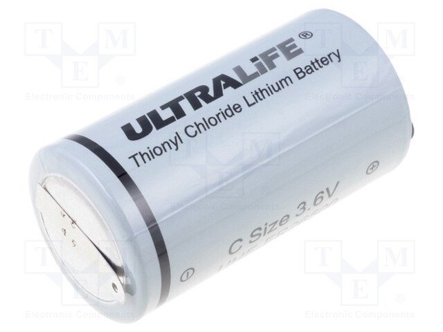 Litija baterija ar plakaniem izvadiem, lodēšanai, 3.6V, C, Ø26.2x50mm, 9000mah, ULTRALIFE, 54.74g