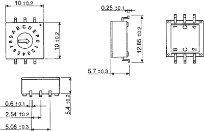 Kodēošais pārslēdzējs, SMD, Encoding switch, HEX/BCD, Positions:16