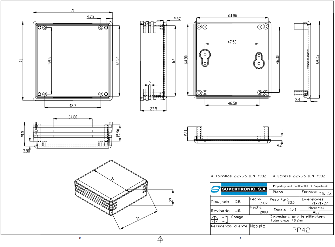 Plastmasas korpuss, 71x71x27mm, ABS, baltā krasa, ar ventilāciju