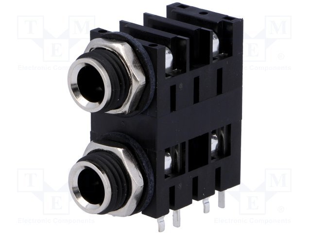 6.35mm 2 ligzdas, mono, plastmasas, THT, skrūvejamas šasijai M10,  metāla uzgrieznis, 2 x on/off, AMPHENOL