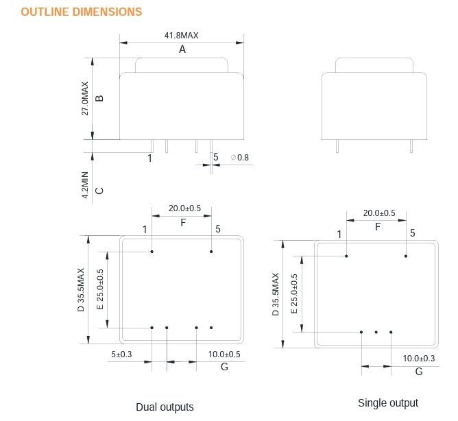 Transformators 220V=>12V, 267mA, 3.2VA, 35.5x41.8x27mm