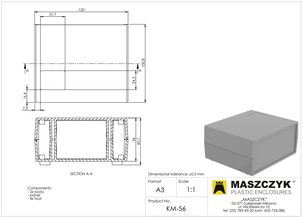 Plastmasas korpuss, 120x101x57mm, ABS, pelekā krasa