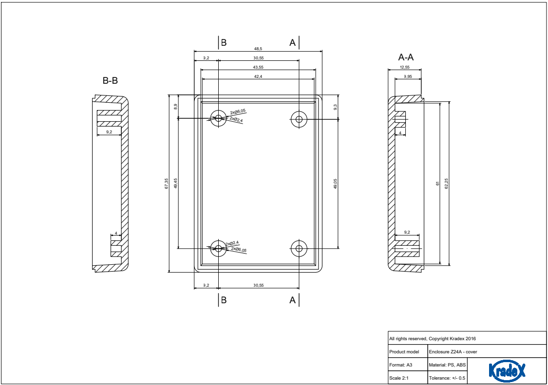 Plastmasas korpuss, 47x66x25mm, polistirens, melnā krasa