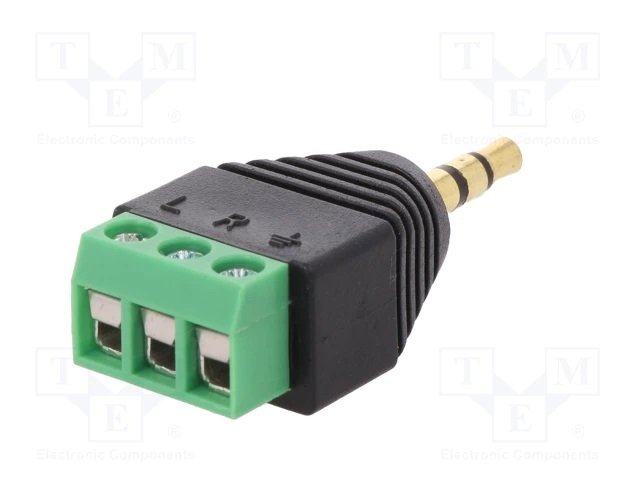 3.5mm štekers, stereo, plastmasas, uz vadu, ar terminalbloku aizmugurā