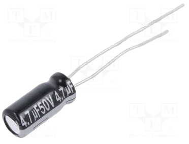 4.7/50V, 105C, Ø5x11mm, ±20%, Kondensatori zemas induktivitātes, 5000h, PANASONIC, ar lokaniem izvadiem