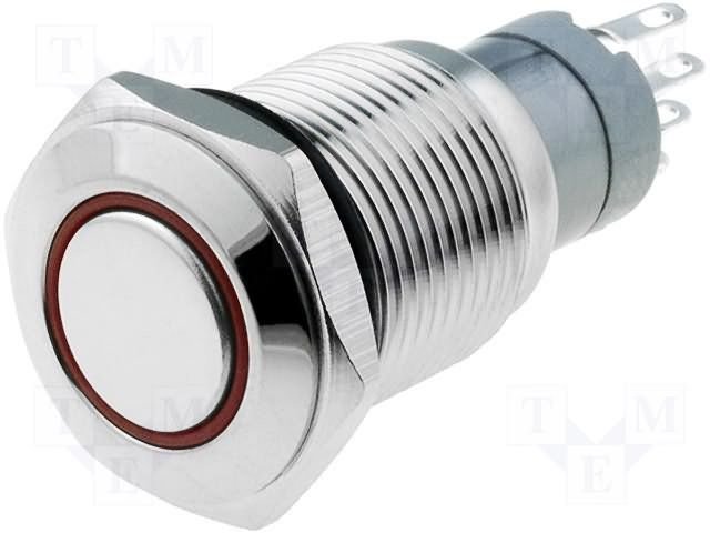 Poga M16x36mm, SPST-NO, ON-ON, 0.5A/220VAC, 1A/24VDC, IP67, LED12VDC, sarkana riņķis, antivandala, ar fiksacijuas