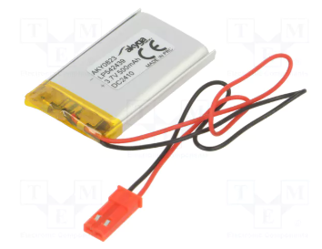 Akumulators Li-pol, 3.7V/500mAh, konn+sock 2.54*2pins, 5.9x25x41.5mm