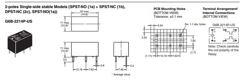 Relejs DC12V, DPST-NO, 2x5A/250VAC, 2x5A/30VDC, 480R(25mA), divi kontakti uz saslēgšanu, 20x10x10mm, OMRON
