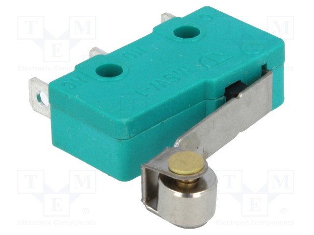 Mikropārslēdzējs ar sviru (ar ruliti) L=25mm, SPDT, ON-(ON), 5A/250VAC, IP40, 19.8x6.4x10.6mm, viens kontakts