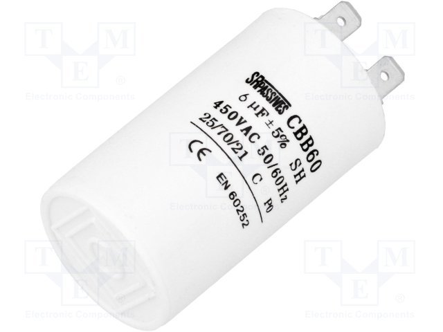 6.0/450VAC, ±5%, elektromotoru kondensators, klemes 6.3mm, 3000h, Ø35x60mm