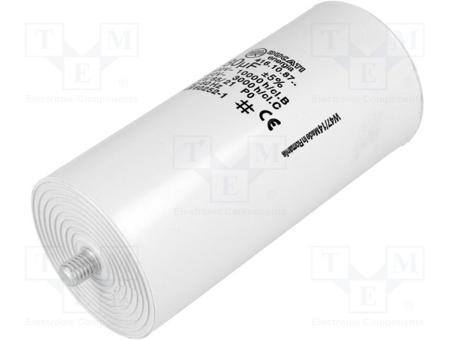 80.0/425VAC, ±5%, elektromotoru kondensators, spailes 6.3mm, 10000h, M8, Ø55x117mm