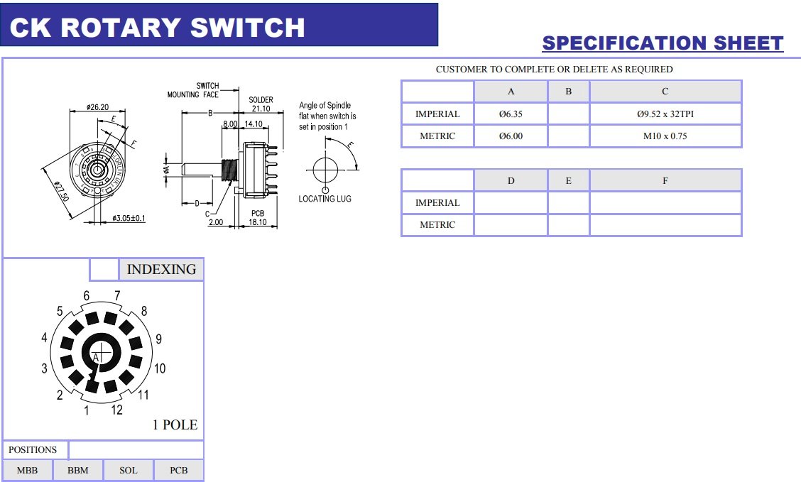 Galetes parslēdzejs 1=>12 kontakts, 0.15A/250V, BBM (non-shorting), 6mm, Lass=50mm