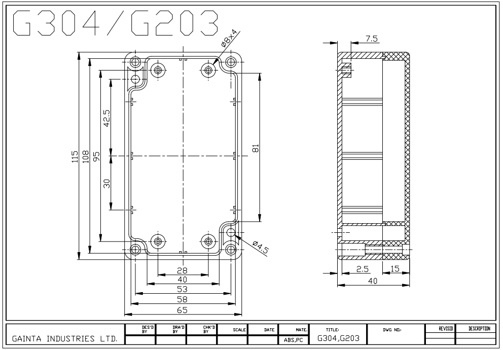 Plastmasas korpuss, 65x115x40mm, IP65, ABS, pelēkā krasa