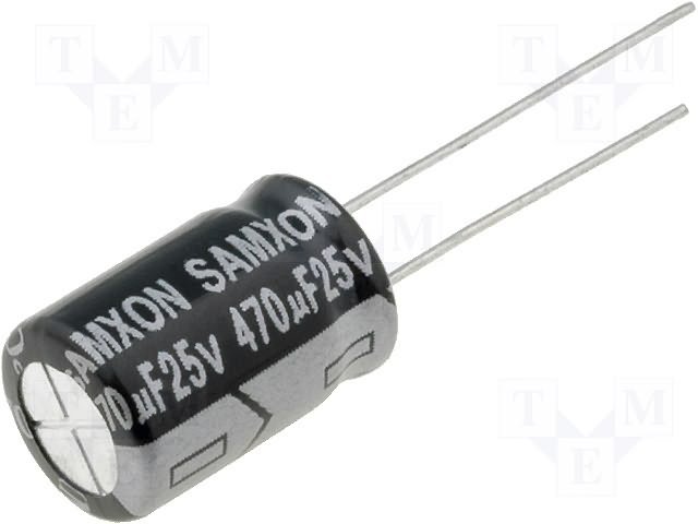 470/25V, 105C, Ø10x16mm, ±20%, Kondensatori zemas induktivitātes, 7000h, 60mΩ, SAMXON, ar lokaniem izvadiem