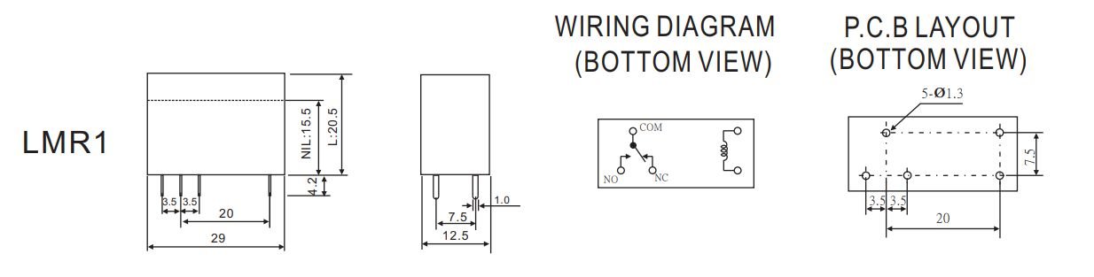 Relejs DC12V, SPDT, 12A/250VAC, 12A/30VDC, 270R(44.4mA), viens kontakts uz pārslēgšanu, 29x12.5x15.5mm, RAYEX ELECTRONICS