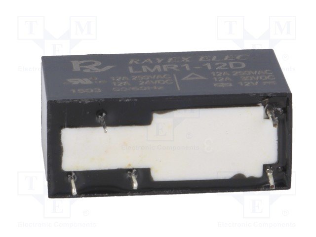 Relejs DC12V, SPDT, 12A/250VAC, 12A/30VDC, 270R(44.4mA), viens kontakts uz pārslēgšanu, 29x12.5x15.5mm, RAYEX ELECTRONICS