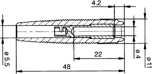 Testera ligzda, 4mm, 16A/60VDC, L=48mm, lodējamas, vadam, zaļa krasa