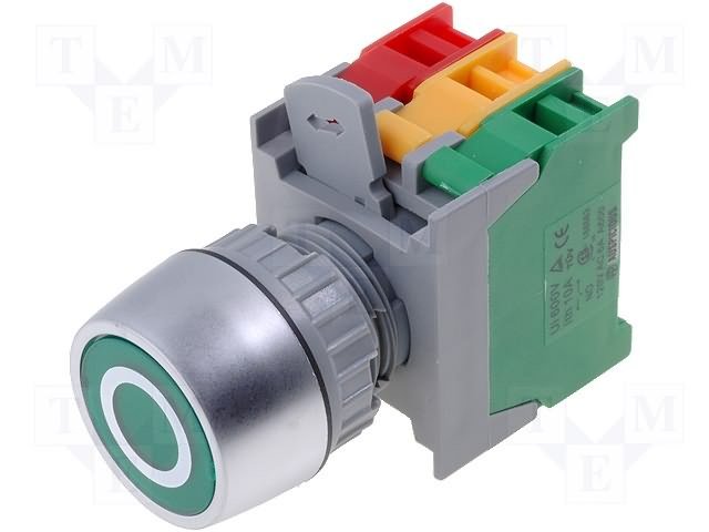 Paneļu slēdzejs, 22mm, 2 poz., ON-OFF, IP65, 3A/230VAC, zaļa ar apgaism., divi kontakti uz sasl/atslēg.