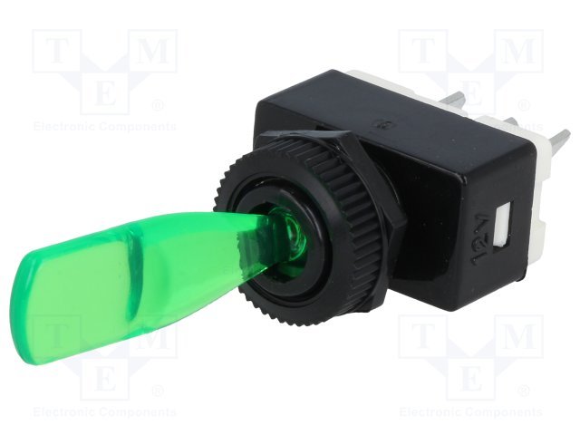 Tumblers, SPST-NO, OFF-ON, 6A/12VDC, lodēšanai, 6.3x0.8mm, M12, 13.7x25.5x12.2mm, poliamids, CSI, ar fiksaciju, ar zaļu apgaismošanu 12V