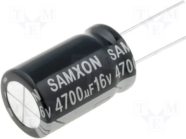 4700/16V, 105C, Ø16x25mm, ±20%, Kondensatori zemas induktivitātes, 10000h, SAMXON, ar lokaniem ivadiem