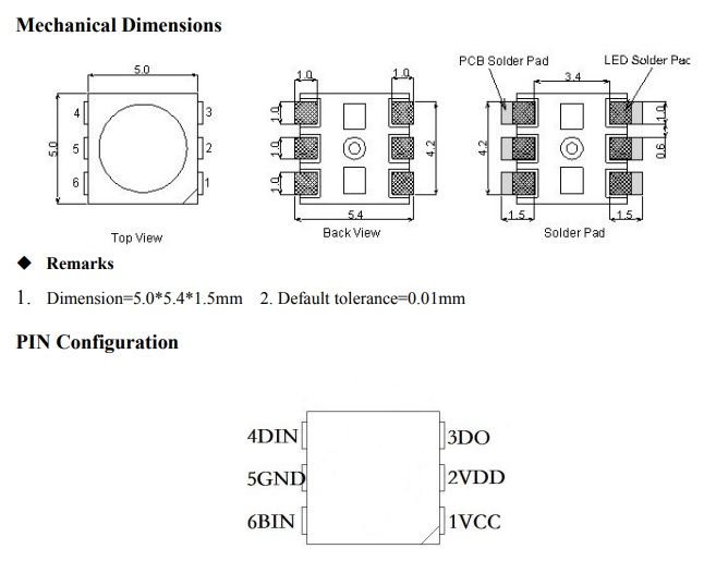 Gaismas diode SMD, RGB, 5050, PLCC6, 480/320/1500mcd, programmējams, 3.5...5.3V/18mA, 5x5x1.6mm, 5050