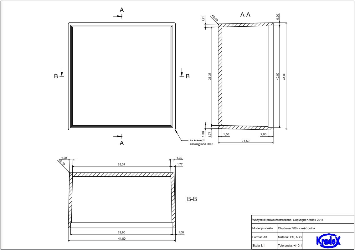 Plastmasas korpuss, 41.8x41.8x21.5mm, ABS, melnā krasa