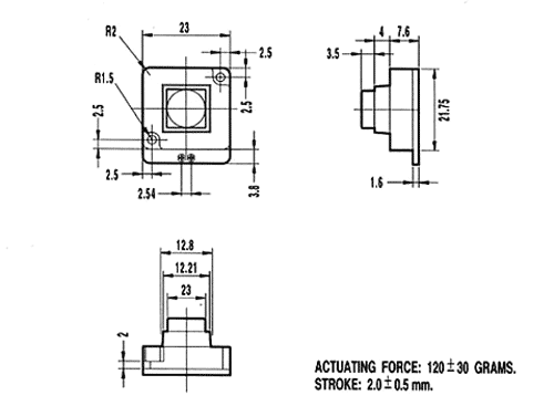Metāliska klaviatūras poga ir aizsargāta no valgmes, "strēlnieka", OFF-(ON), SPST-NO, 0.02A/24VDC, 23x23mm, h=2mm,