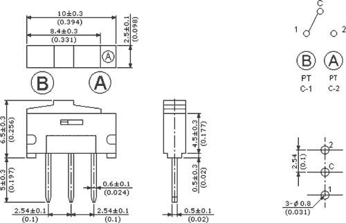 Pārslēdzējs slīdbīdņu SPDT, 0,5A/12VDC, ON-ON, 10x2.5x6.5mm, taisns, viens kontakts uz divam stāvoklim