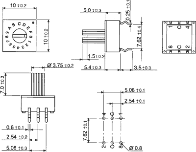 Kodēošais pārslēdzējs, Encoding switch, HEX/BCD, Positions:16, ar rokturiem