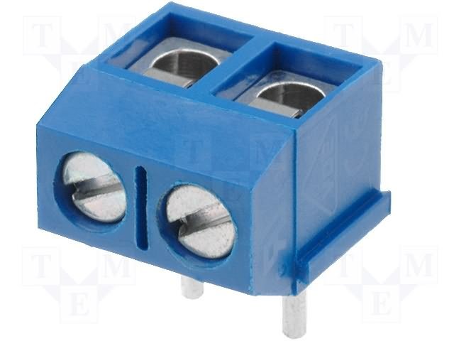 Terminal Blocks PCB, ar skrūvēm, 2pin, 5mm, 2.5mm2, 300V/16A, 10x7.6x10mm, taisns