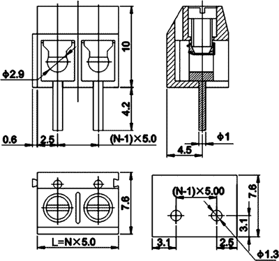 Terminal Blocks PCB, ar skrūvēm, 2pin, 5mm, 1.5mm2, 250V/16A, 12.5x9x10mm, peleka krasa