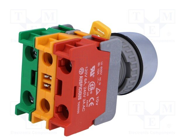 Paneļu slēdzejs, 22mm, 2 poz., ON-(OFF), zaļa, IP65, 3A/230VAC, ar apgaism., divi kontakti uz sasl/atslēg.