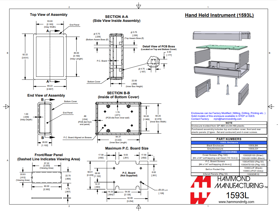 Plastmasas korpuss, 66x92x28mm, ABS, pelēkā krāsa